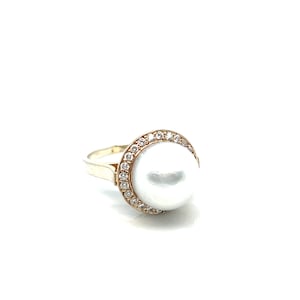 South Sea Pearl Ring — White South Sea Pearl Ring — Size 6.5 — 11mm Pearl — Swarovskis —Some Bumps on the Pearl — Beautiful to Behold