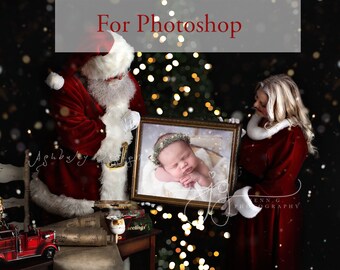 Santa and Mrs. Claus Photoshop Template - Holding Landscape Golden Frame