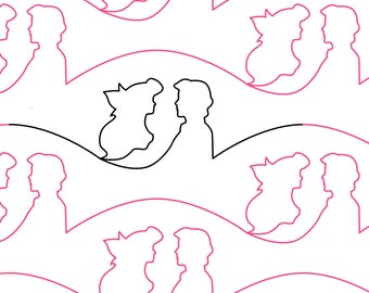 May include: A repeating pattern of black line drawings of couples facing each other. The couples are drawn in a simple style with rounded features. The background is white with pink wavy lines.