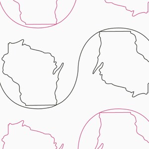May include: A repeating pattern of the outline of the state of Wisconsin. The state is outlined in black and is inside a circle outlined in pink.
