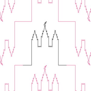 Può includere: Un disegno in bianco e nero di una chiesa con tre torri. La chiesa è circondata da un motivo ripetitivo di disegni di castelli in linee rosa e bianche.