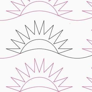 May include: A seamless pattern featuring a repeating design of stylized sunrises. The sunrises are outlined in black and pink, with a wavy line beneath each one.