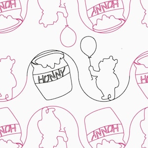 May include: A repeating pattern featuring Winnie the Pooh, honey pots, and balloons. The honey pots have the word "HONNY" on them. The design is in black and pink on a white background.