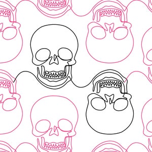 Può includere: Uno schema senza cuciture di teschi in linea d'arte rosa e nera. I teschi sono disegnati in uno stile semplice e minimalista.