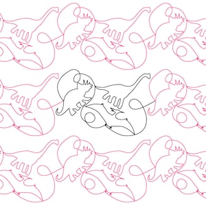 以下が含まれることがあります： ピンクと黒の線画で描かれた恐竜が繰り返しパターンで描かれています。恐竜は互いに向き合っており、連続した線で絡み合っています。