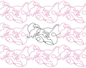 May include: A repeating pattern of pink and black line drawings of dinosaurs. The dinosaurs are facing each other and are intertwined in a continuous line.