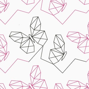 May include: A seamless pattern featuring geometric butterflies in black and pink. The butterflies are outlined in black and filled in with pink. The pattern is on a white background.