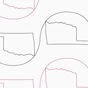 May include: A pattern of black and pink outlines of the state of Oklahoma. The outlines are repeated in a circular pattern.