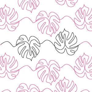 Pode incluir: Um padrão sem costura de folhas de monstera rosa e pretas desenhadas em uma única linha. As folhas são dispostas em um padrão repetitivo, criando uma atmosfera tropical.