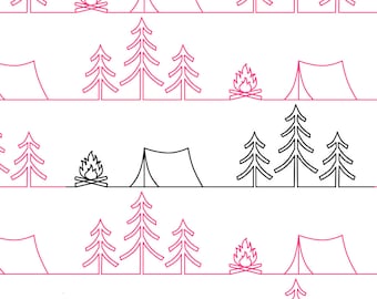May include: A seamless pattern featuring alternating rows of pink and black line drawings of camping scenes. Each row includes a tent, a campfire, and three pine trees.