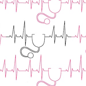 May include: Black and white line drawing of a stethoscope with a heartbeat pattern. The heartbeat pattern is pink.
