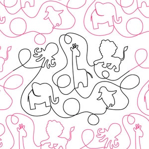 May include: A black and white line drawing of various animals, including an elephant, giraffe, lion, penguin, and octopus. The animals are connected by lines that form a continuous pattern.