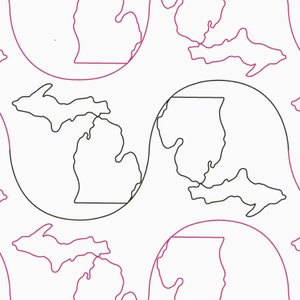 Puede incluir: Un patrón repetido del contorno del estado de Michigan, con la península superior y la península inferior. Los contornos son en negro y rosa.
