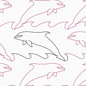 Puede incluir: Patrón repetitivo de delfines y olas en un estilo minimalista. Los delfines están delineados en rosa, con un delfín en negro. Las olas también son rosas, sobre un fondo blanco.