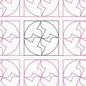 May include: A black and white geometric pattern with a repeating design of four curved lines forming a cross shape within a circle. The pattern is repeated in a grid format.