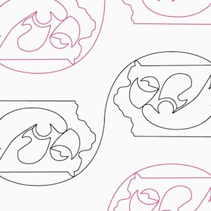 May include: A repeating pattern of black and pink outlines of a stylized bird head inside a circle. The bird head is facing left and has a wing that curves around the head.
