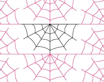 May include: A black spider web design with a white background. The web is in the center of the image and is surrounded by six pink spider webs.