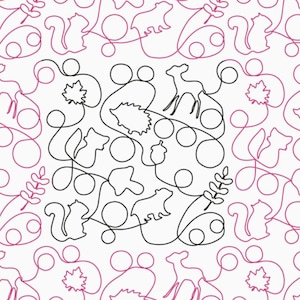 Peut inclure: Un dessin au trait noir et blanc d'une scène de forêt avec un cerf, un ours, un écureuil, des feuilles et des champignons. Le motif est répété en un motif.