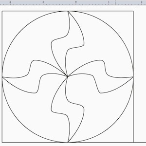 May include: A black and white line drawing of a geometric design. The design is made up of a circle with four curved lines that extend from the center of the circle to the edge of the circle. The lines are curved in a way that creates a four-leaf clover shape.