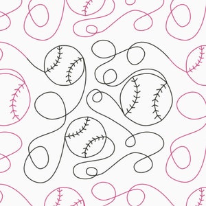 May include: A seamless pattern featuring black and pink baseballs with stitching, connected by black and pink wavy lines.