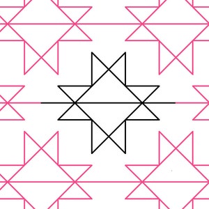 May include: A black and white geometric pattern with a repeating star shape. The centre star is larger and more prominent than the surrounding stars, which are pink.