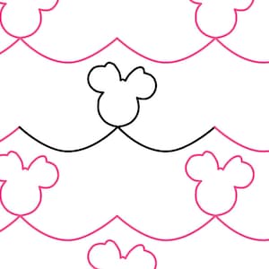 May include: A black and white illustration of a Mickey Mouse head with pink wavy lines behind it.