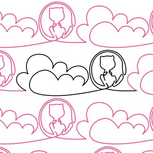 Pode incluir: Um padrão repetido de desenhos de linha preta e rosa de um gato sentado dentro de um círculo com nuvens atrás.