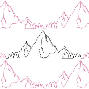 May include: A black and white line drawing of a mountain range with a single, larger mountain in the center. The mountain range is repeated three times, with the middle mountain range in black and the top and bottom mountain ranges in pink.