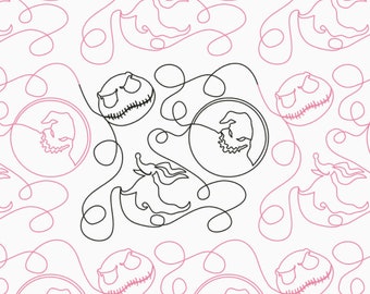May include: A repeating pattern featuring line art of characters from a Halloween-themed movie. The design includes Jack Skellington's face, Oogie Boogie, and other related elements in black and pink on a white background. The style is reminiscent of a continuous line drawing.
