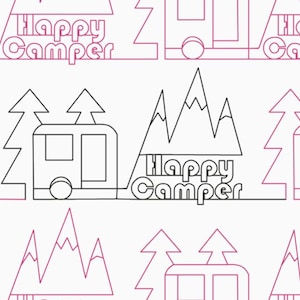 Puede incluir: Patrón repetitivo con una autocaravana, montañas y árboles en un estilo de dibujo lineal. La frase "Happy Camper" está incorporada en el diseño. La combinación de colores es negro y rosa apagado sobre un fondo blanco.