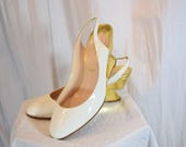 1990 Christian Louboutin Bridal Deco Wedge Cream Patent Leather Italy Gold