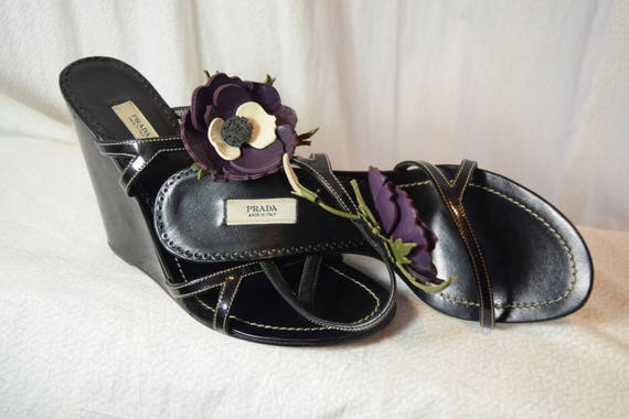1990 Prada Wedges Flowers Slides Chinoise Purple P