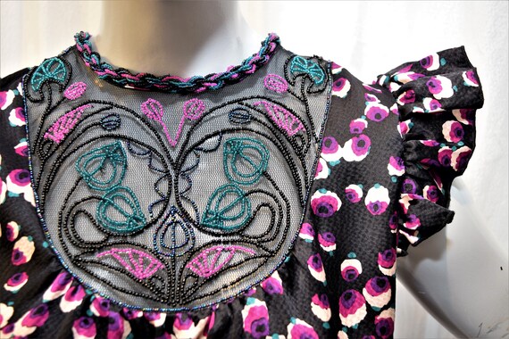 1990's Anna Sui Top Silk Beaded Poppies Tassels Ba