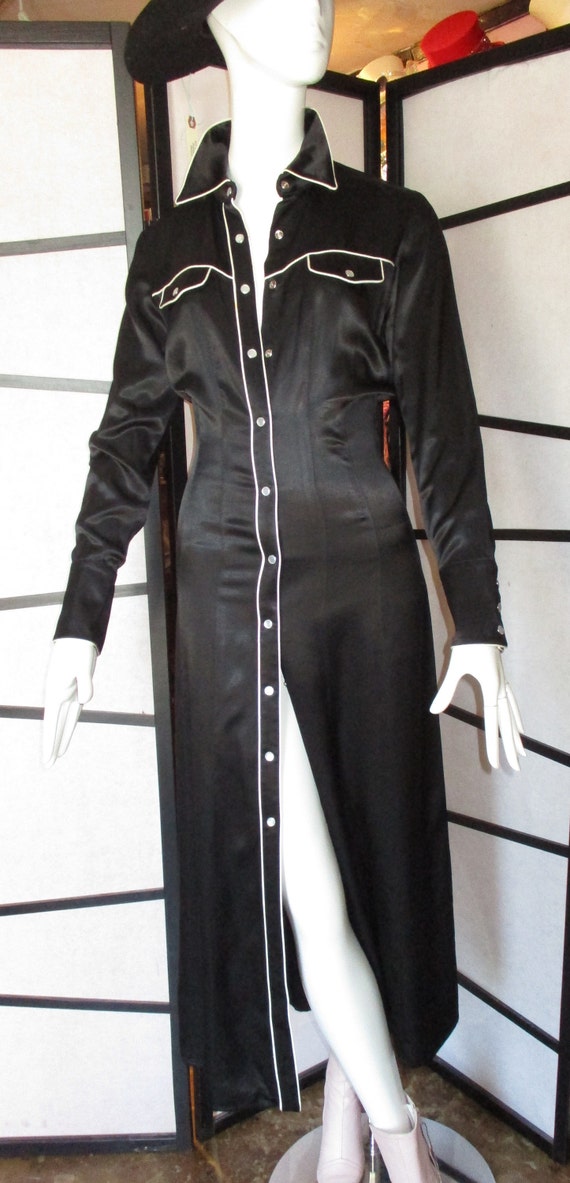 1990's DKNY Western Dress Maxi Black Satin Duster
