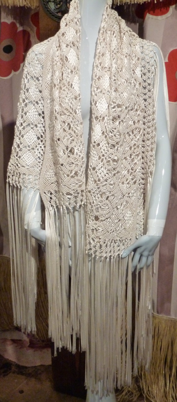 Ribbon Shawl 1940 Ivory Bridal Hippie Rayon Silk C