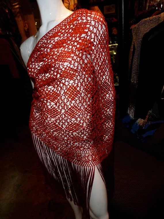 Red Crochet Ribbon Shawl 70's Disco Metallic