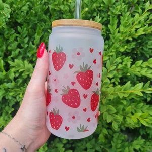 JHNIF 10 Oz Lovely Strawberry Clear Glass Mug with Lid and Straw.