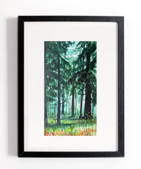 Dark Pine Forest Watercolor Painting Near Monochrome 9 x 5 | Etsy