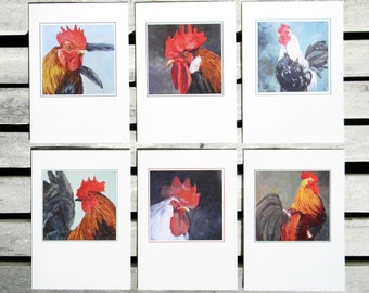 Set of 6 5"x7" Rooster art greeting cards- blank inside