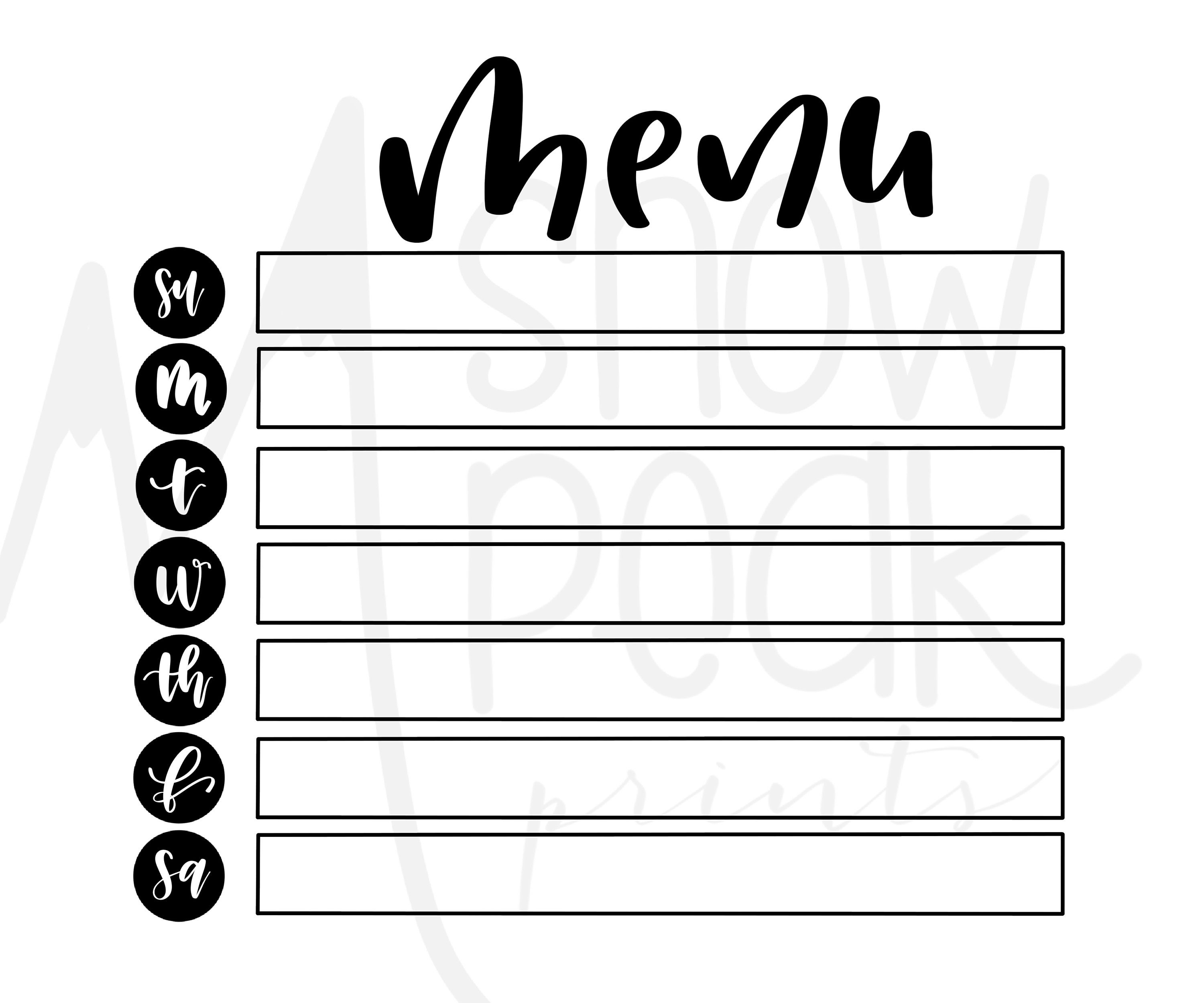 Menu & Shopping List LARGE Printable Digital Print Printable Artwork ...