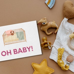 Oh baby shower kaart afdrukbaar | Geboorte gefeliciteerd kaart | Babyshowerkaart voor nieuwe baby | Wieg babykaart afdrukbaar | Gefeliciteerd mama