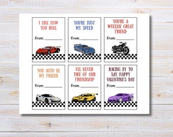 Printable Valentines for Boys | Classroom Exchange | Racecar valentines | Car Valentine Cards Cut Out | PDF downloadable