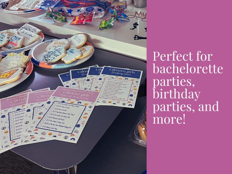 Puede incluir: Un conjunto de tarjetas de juego de beber con tem&aacute;tica de "Gilmore Girls" para imprimir. Las tarjetas son blancas con acentos azules y rosas y presentan una variedad de ilustraciones. El texto en las tarjetas dice "Gilmore Girls Drinking Game".