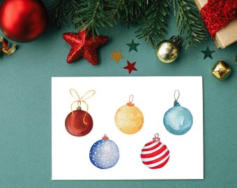 Watercolor Christmas Card Printable | Printable Ornament Christmas Cards | Christmas Card Print | Printable Watercolor Holiday Card