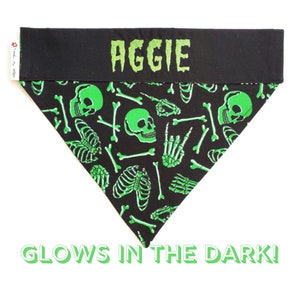 Halloween Personalized Glow in the Dark Dog Bandana, Slide On Trick or Treat Pet Scarf, &quot;Bones&quot;