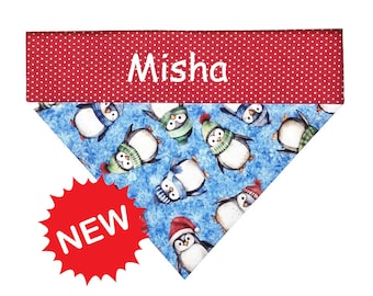Personalized Holiday Penguins Dog Bandana, Embroidered Over the Collar Winter Pet Scarf