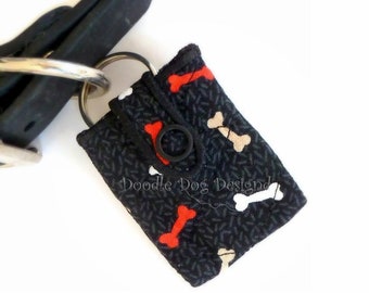 Quilted Dog Tag Silencer, Pet ID Tag Holder, "Black with Bones"