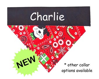 Personalized Slide On Christmas Dog Bandana, Embroidered Holiday Collar Pet Scarf, ""Christmas Bandana Print"