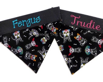 Personalized Sugar Skull Dog Bandana, Custom Halloween Pet Scarf, Day of the Dead Dog Scarf, "Sugar Skull Dogs"