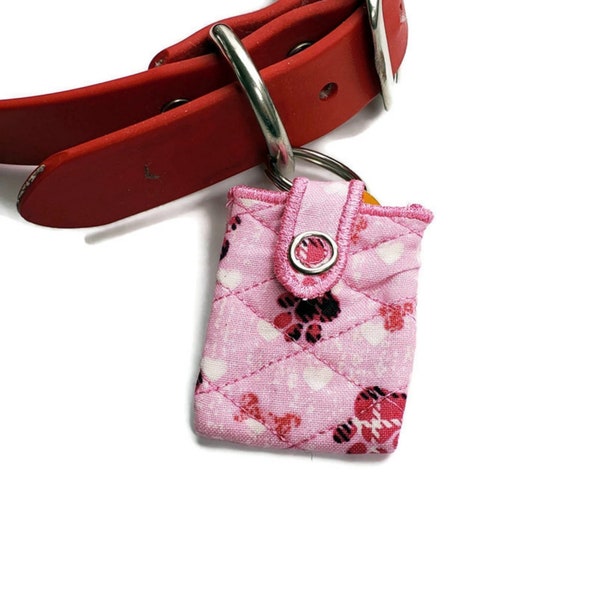 Dog ID Tag Holder, Quilted Dog Tag Silencer, "Pink Paws and Bones"